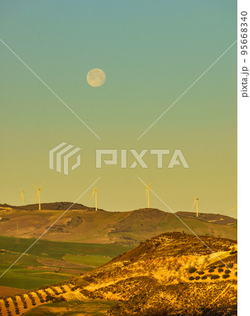 Wind turbines on hills, Andalusia Spain 95668340