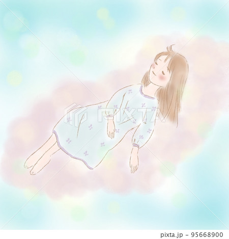 ピンクの雲の上でお昼寝する女の子のイラスト素材