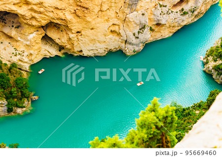 Boats on water, Verdon Gorge in Provence France. Boats on water, Verdon Gorge in Provence France. 95669460