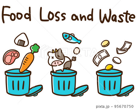 様々なフードロスの様子を表すゴミ箱に破棄されるもののデフォルメ手書きイラストセット 95670750