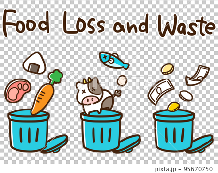 様々なフードロスの様子を表すゴミ箱に破棄されるもののデフォルメ手書きイラストセット 95670750