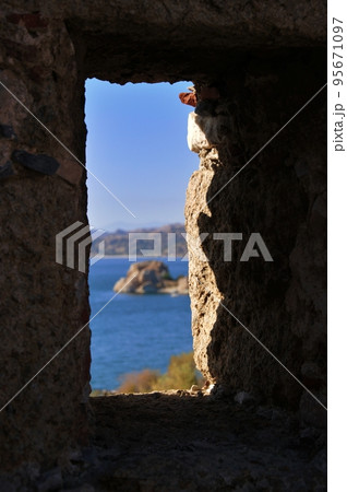 Island with ancient fortifications in Kapikiri village on Bafa lake in Mugla, Turkey 95671097