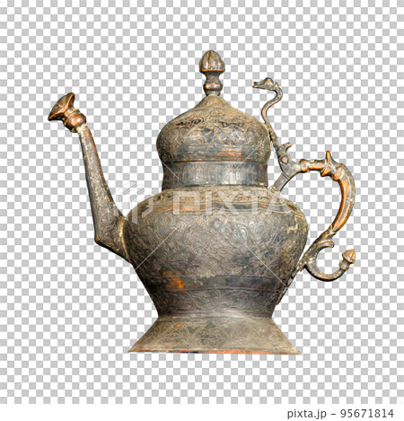 An antique metal teapot with artistic chasing and engraving on a white background 95671814