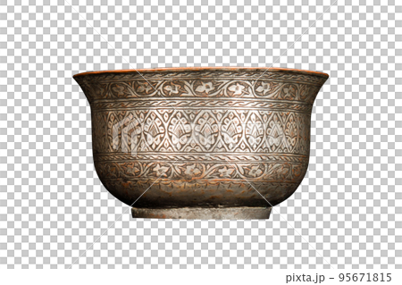 An antique metal bowl with artistic chasing and engraving on a white background An antique metal bowl with artistic chasing and engraving on a white background 95671815