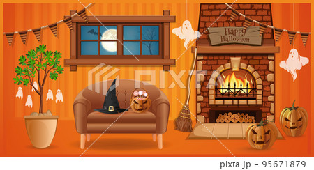 Cozy room with fireplace decorated for Halloween Cozy room with fireplace decorated for Halloween 95671879