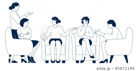 Friends meeting. People sit on armchairs. Women talk 95672190