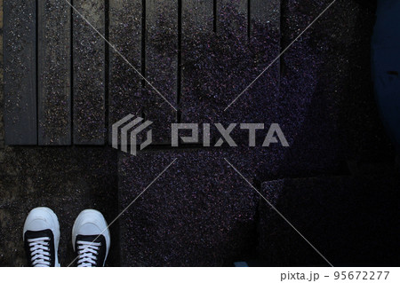Black sneakers with white laces stand on metal shavings. Metal shavings on the wooden floor. Colored metal shavings. Texture and background. Flat lay.View from above. Black sneakers with white laces stand on metal shavings. Metal shavings on the wooden floor. Colored metal shavings. Texture and background. Flat lay.View from above. 95672277