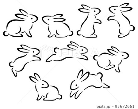 和風の筆調のうさぎの線画イラストセットのイラスト素材
