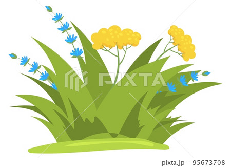 Green grass patch with blooming flowers. Meadow cartoon plants Green grass patch with blooming flowers. Meadow cartoon plants 95673708