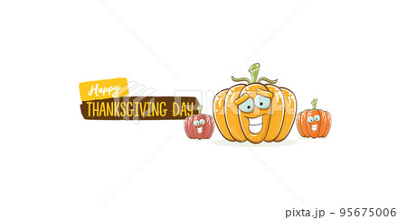 Funny Thanksgiving day horizontal banner with vector funny cartoon cute smiling friends pumpkins isolated on white background. Thanksgiving day cute banner and label design template with pumpkins 95675006