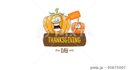 Funny Thanksgiving day horizontal banner with vector funny cartoon cute smiling friends pumpkins isolated on white background. Thanksgiving day cute banner and label design template with pumpkins 95675007