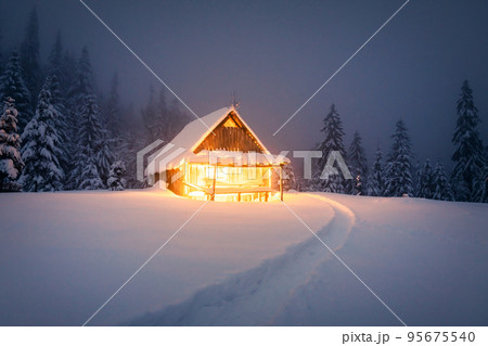 Fantastic landscape with snowy house Fantastic landscape with snowy house 95675540