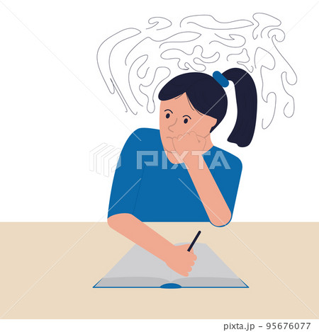 Anxiety and stress. The girl writes disturbing thoughts in her diary. Psychotherapy. Flat style, Vector. Anxiety and stress. The girl writes disturbing thoughts in her diary. Psychotherapy. Flat style, Vector. 95676077