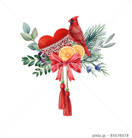 Wintertime floral decor with evergreen leaves and cardinal bird. Watercolor hand drawn illustration. Winter festive decoration with orange slices, pine, juniper, ribbon. White background 95676078