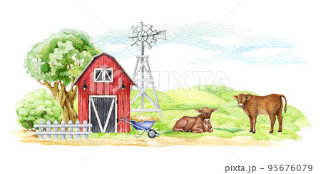 Countryside landscape with farm animals. Watercolor illustration. Green field, red barn, bushes, wind mill, tree cows elements. Country green meadow with barn and domestic farm cows 95676079