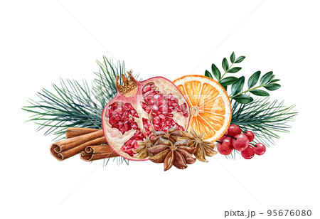 Wintertime floral decor from fruit and pine. Watercolor illustration. Hand drawn winter festive decoration. Orange slices, pine, cinnamon, pomegranate, red berries, spices in decorative element 95676080