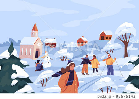 Winter recreation or fun outdoor activity, vector 95676143