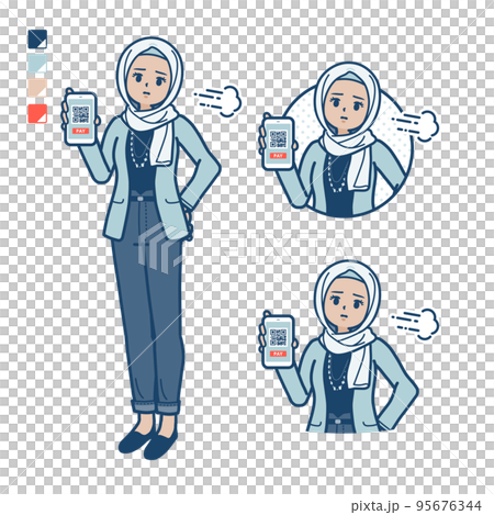 Illustration of a casual fashion Arabian woman making a cashless payment with a smartphone with a troubled face 95676344