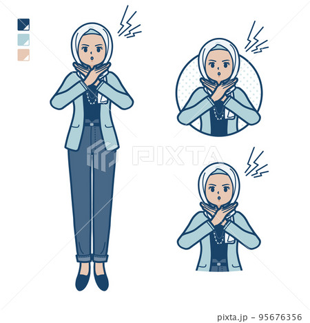 カジュアルファッションなアラビア人女性が腕でばってんを作っているイラスト 95676356