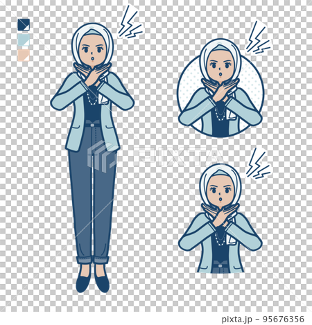 カジュアルファッションなアラビア人女性が腕でばってんを作っているイラスト 95676356