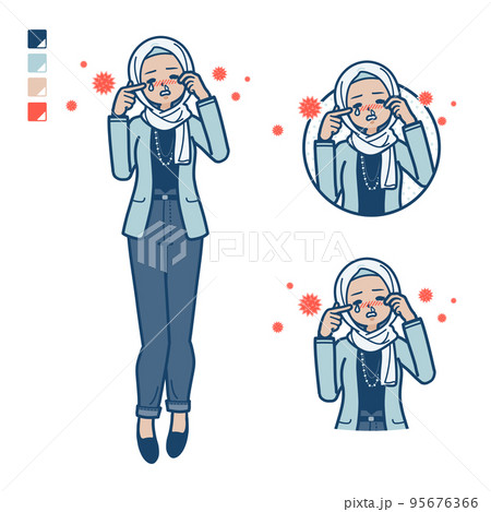 カジュアルファッションなアラビア人女性が花粉アレルギーに苦しんでいるイラスト 95676366