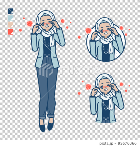 カジュアルファッションなアラビア人女性が花粉アレルギーに苦しんでいるイラスト 95676366