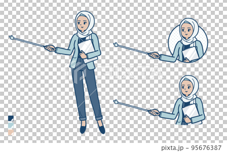 Illustration of a casual fashion Arabian woman explaining with a pointing stick Illustration of a casual fashion Arabian woman explaining with a pointing stick 95676387