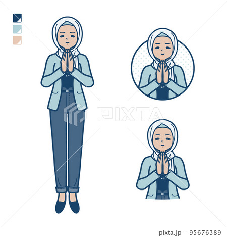 カジュアルファッションなアラビア人女性が合掌しているイラスト 95676389