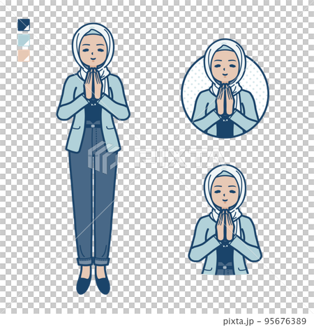 カジュアルファッションなアラビア人女性が合掌しているイラスト 95676389