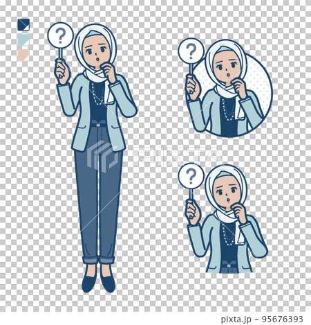 一個休閒時尚阿拉伯女人拿出問號面板的插圖 95676393