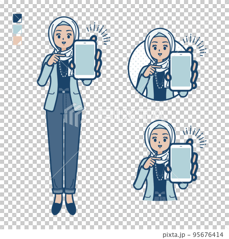 Illustration of a casual fashion Arabian woman presenting a smartphone 95676414