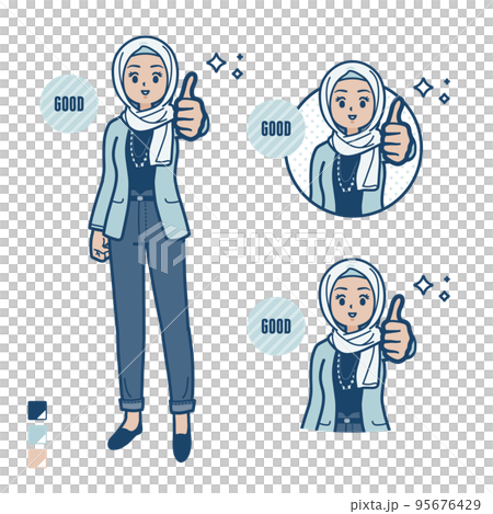 Illustration of a casual fashion arabic woman doing thumbs up 95676429