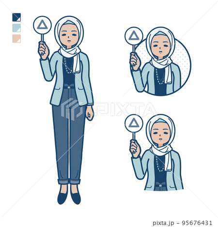 カジュアルファッションなアラビア人女性が三角印パネルを出すイラスト 95676431