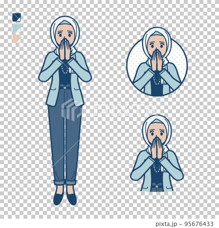 Illustration of a casual fashion Arabian woman looking surprised and anxious 95676433