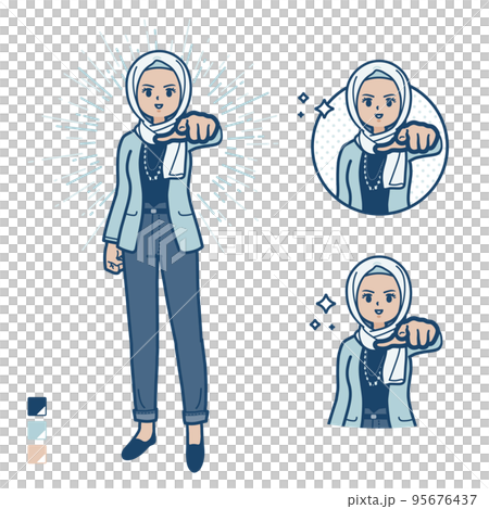Illustration of a casual fashion arabic woman pointing to the front 95676437