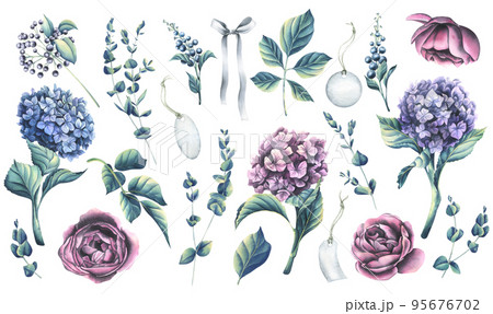A set of hydrangea flowers, peony-shaped roses, decorative twigs with berries, eucalyptus, paper tags on strings and a gray satin bow. Watercolor botanical illustration. For decoration and design. 95676702