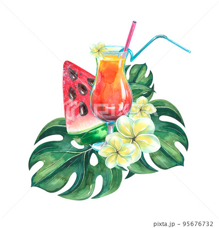Watercolor illustration composition on the theme of a beach bar. Watercolor illustration composition on the theme of a beach bar. 95676732