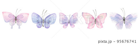 A set of delicate, purple butterflies. Watercolor illustration. For the design, decoration and compilation of various compositions of postcards, posters, frames, boards, invitations, booklets. 95676741