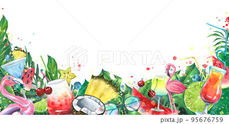 Horizontal board with tropical, beach cocktails, fruits, berries and palm leaves. Bright, juicy, watercolor illustration. A frame for the design and decoration of menus, posters, booklets, souvenirs. Horizontal board with tropical, beach cocktails, fruits, berries and palm leaves. Bright, juicy, watercolor illustration. A frame for the design and decoration of menus, posters, booklets, souvenirs. 95676759