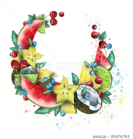 Watercolor illustration in a frame of tropical fruits, juicy, bright. Watermelon, pineapple, lime, cherry, coconut. For the design and decoration of postcards, posters, banners, spas, wallpapers. 95676763