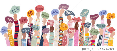 Many hands raised of diverse and multicultural children and teens holding speech bubbles with text -hallo- in various international languages. Diversity kids. Racial equality. Friendship  95676764