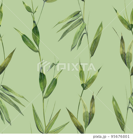 Watercolor illustration of bamboo leaves and twigs. The ornament is in a seamless pattern, delicate. light green. Design for fabric, textiles, wallpaper, scrap, paper, print. Watercolor illustration of bamboo leaves and twigs. The ornament is in a seamless pattern, delicate. light green. Design for fabric, textiles, wallpaper, scrap, paper, print. 95676801