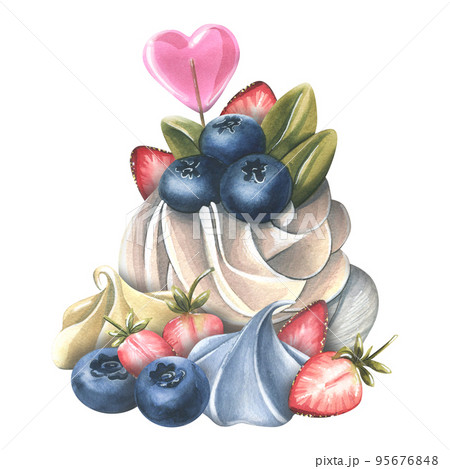 Anna Pavlova cake with meringue and cream, strawberries, blueberries and a heart-shaped lollipop. Watercolor illustration. A composition from the collection of SWEETS. For decoration and design. 95676848