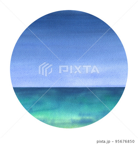 Watercolor illustration, background with blue sky and azure, turquoise sea or ocean in the shape of a circle from the SURFING collection. For decoration and design of marine and summer compositions 95676850
