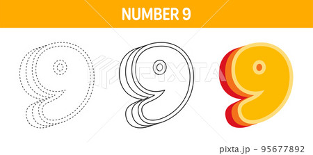 Number 9 Orange, tracing and coloring worksheet for kids 95677892