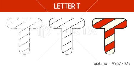 Letter T Candy Cane, tracing and coloring worksheet for kids 95677927