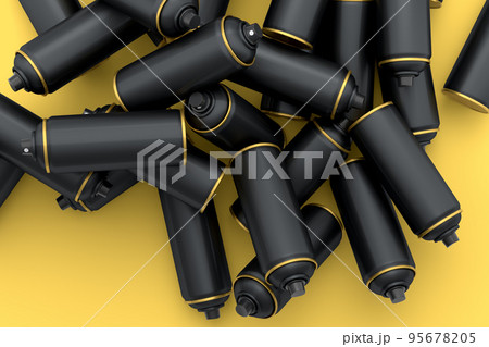 Lots of flying spray paint cans on yellow background. Spray bottle and dispenser Lots of flying spray paint cans on yellow background. Spray bottle and dispenser 95678205