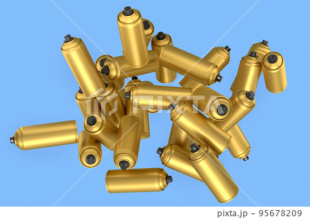 Lots of flying spray paint cans on blue background. Spray bottle and dispenser Lots of flying spray paint cans on blue background. Spray bottle and dispenser 95678209