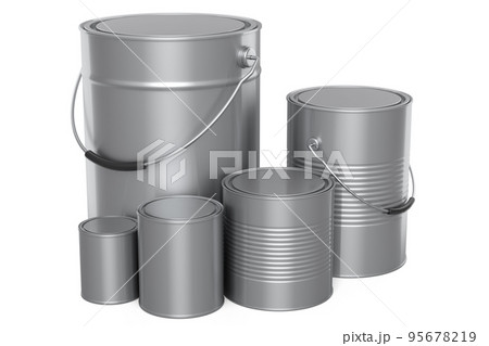 Set of metal can or buckets of paint in row pattern on white background. Set of metal can or buckets of paint in row pattern on white background. 95678219