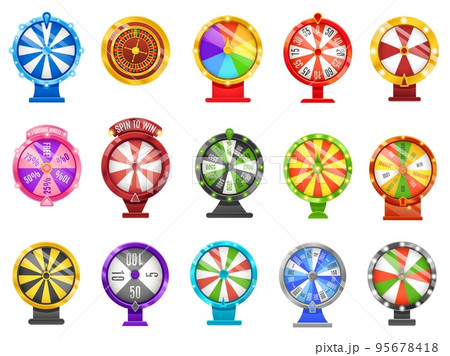 Fortune wheels. Lucky chance roulette wheel, spin to win circles and casino game elements vector Illustration set Fortune wheels. Lucky chance roulette wheel, spin to win circles and casino game elements vector Illustration set 95678418